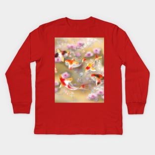 Sakura and koi carp in gold pond Kids Long Sleeve T-Shirt